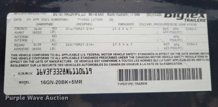 image for item NO9862 2022 BigTex 16GN equipment trailer