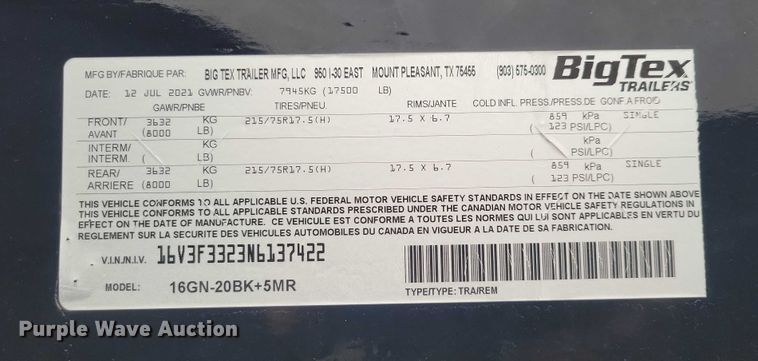 image for item NO9872 2022 BigTex 16GN equipment trailer