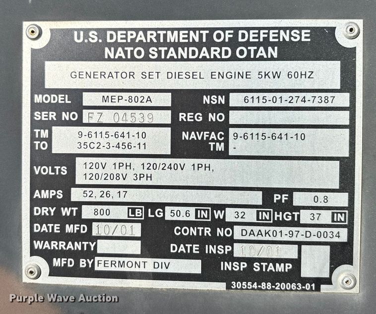 image for item OE9280 2001 Army MEP-802A generator