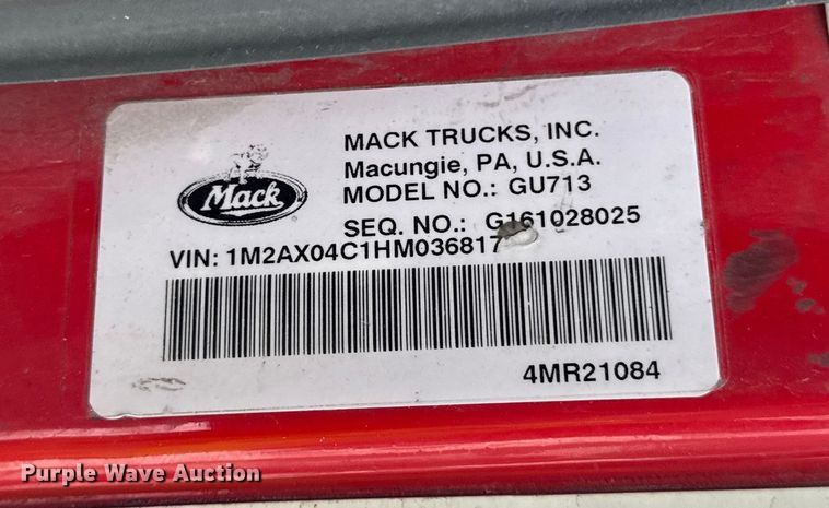 image for item YA1878 2017 Mack GU713 crane truck
