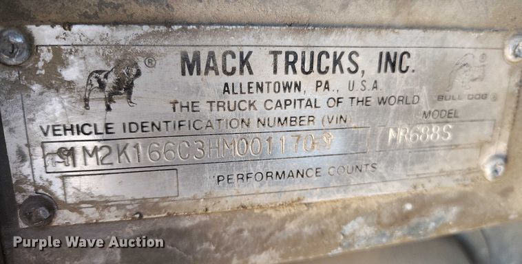 image for item DT0823 1987 Mack MR688S roll-off container truck