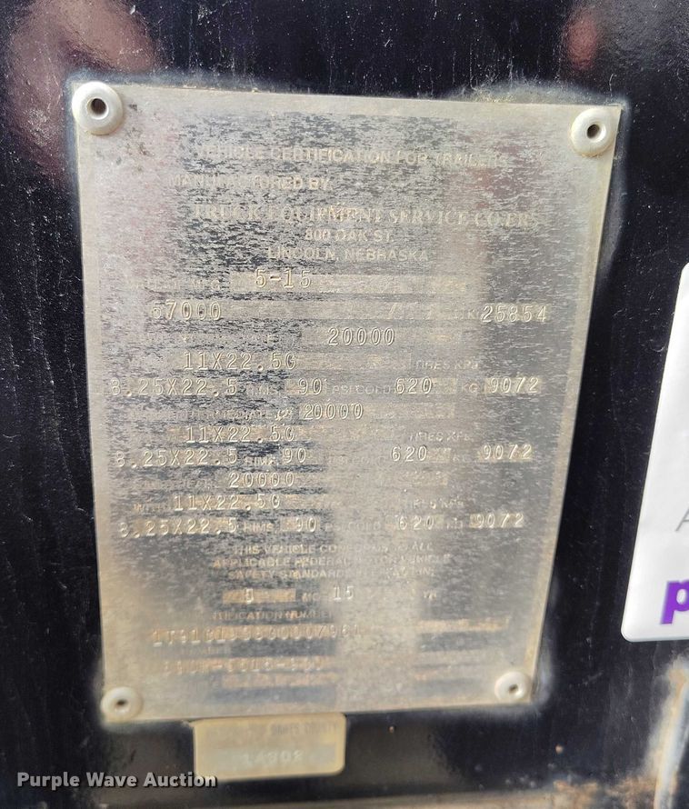 image for item DT0852 2015 Truck Equipment Service Co Cornhusker 800 end dump pup trailer