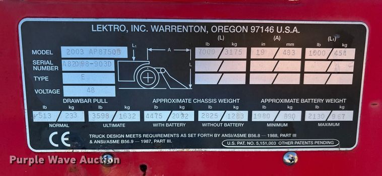 image for item DU0349 2003 Lextro AP8750B  aircraft tug