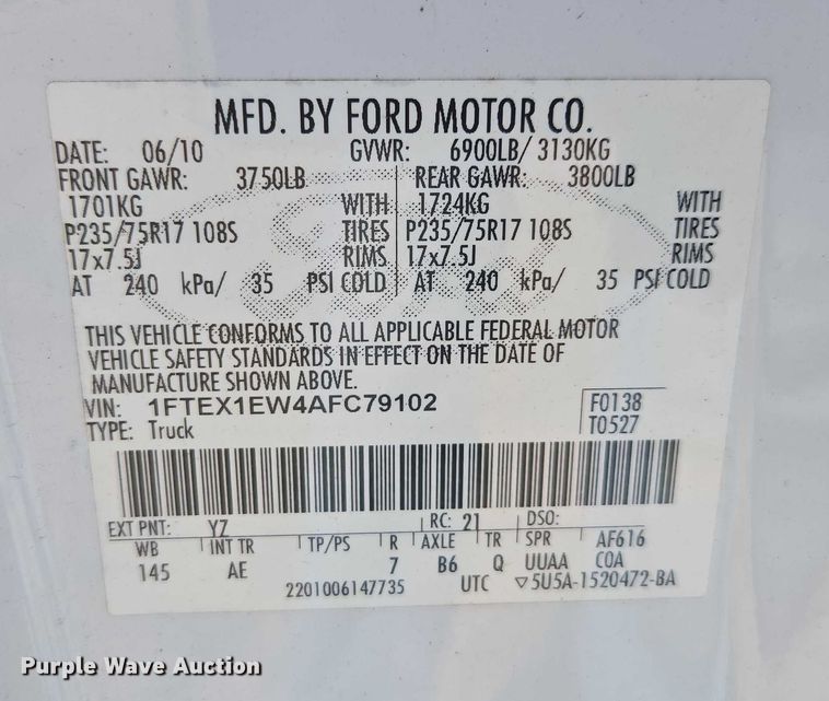 image for item DU2681 2010 Ford F150 Ext. Cab pickup truck