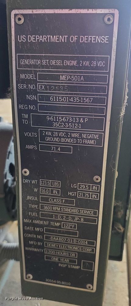 image for item DZ3809 2008 Dewey Electronics MEP501A generator