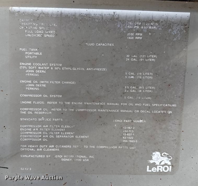 image for item EN3975 1995 LeROI Q185DJ-E air compressor