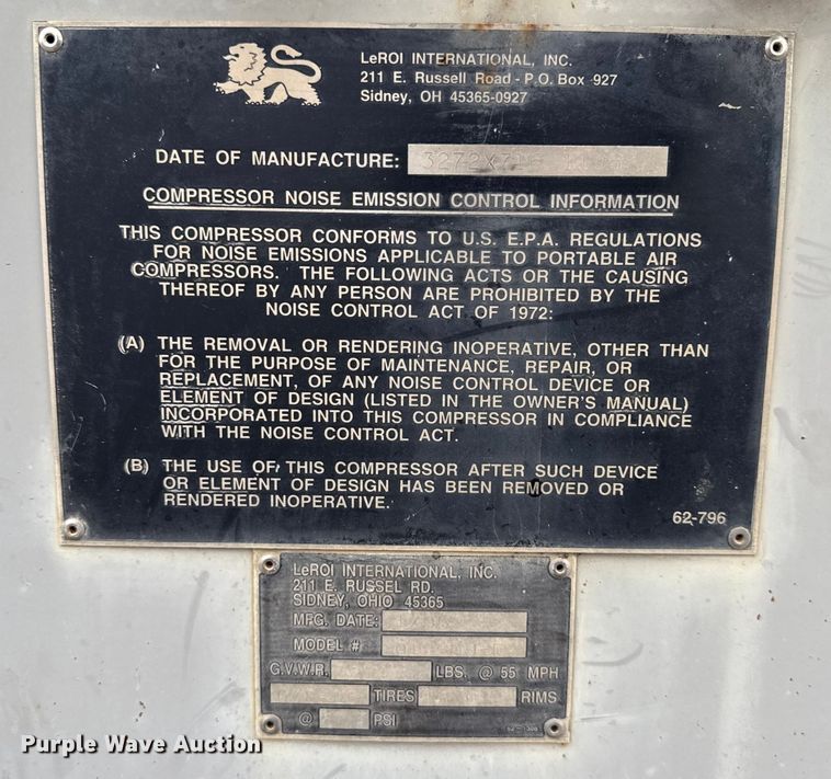 image for item EN3975 1995 LeROI Q185DJ-E air compressor