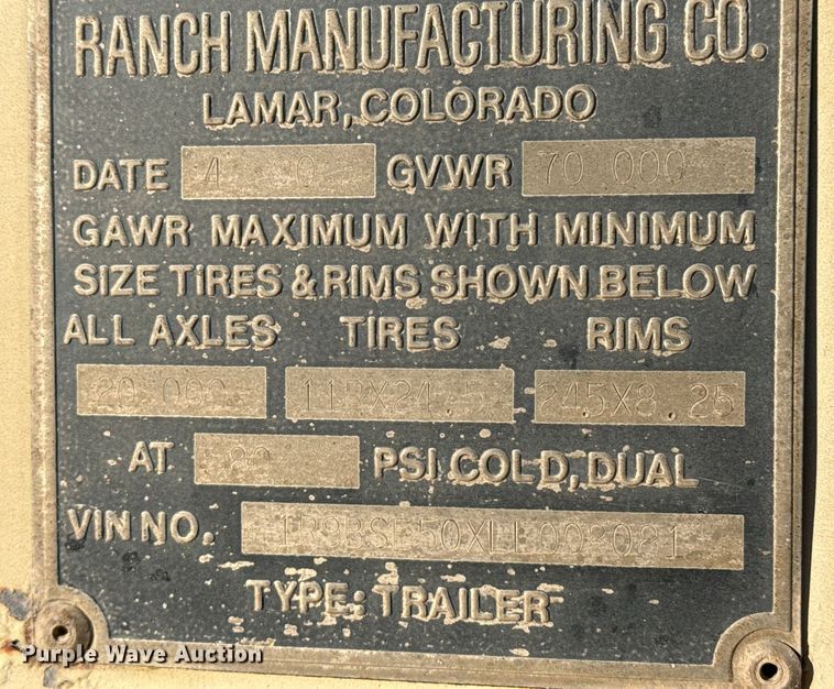 image for item EP2836 1990 Ranch Mfg bottom dump trailer