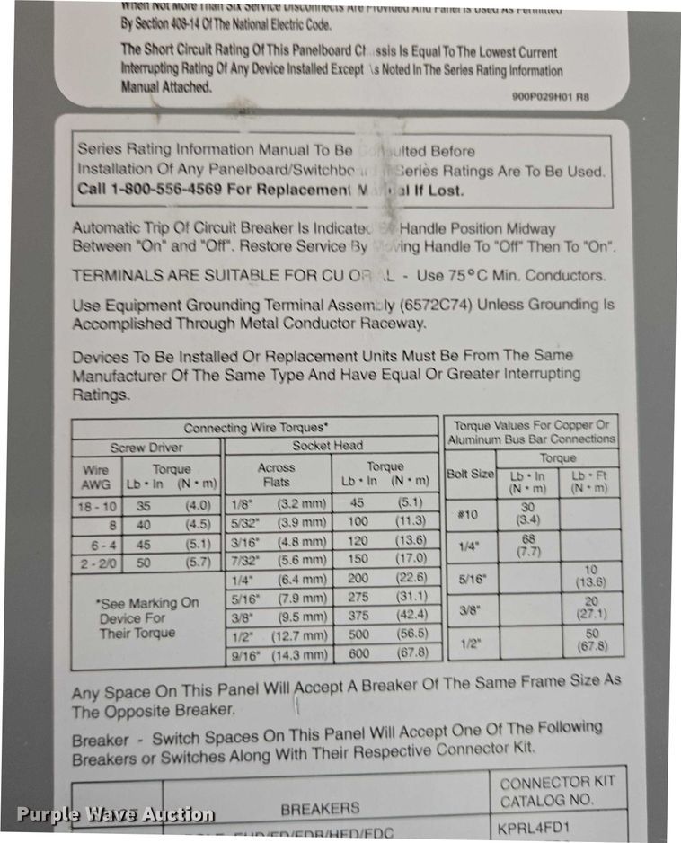 image for item ES2820 2011 Eaton Pow-R-Line PRL4 panelboard
