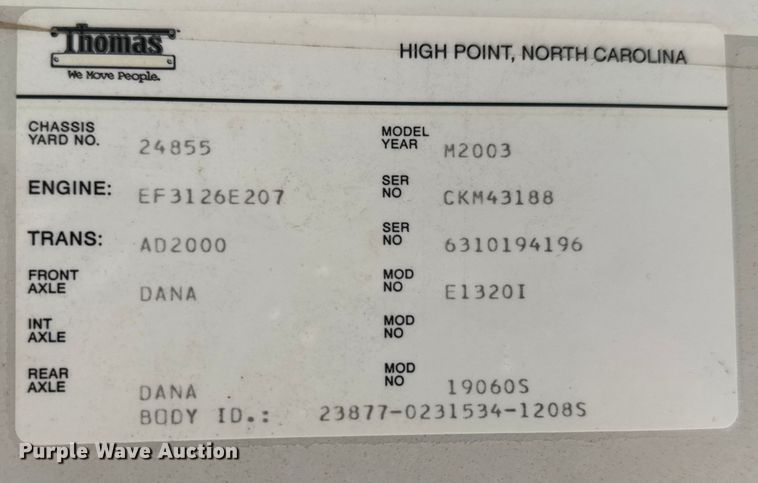 image for item ET4146 2003 Thomas Built Saf-T-Liner school bus