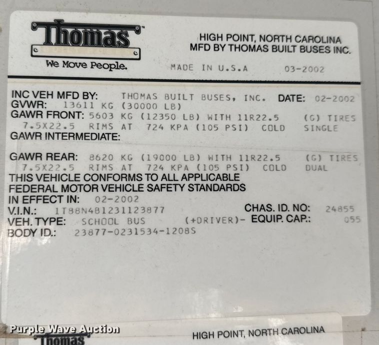 image for item ET4146 2003 Thomas Built Saf-T-Liner school bus