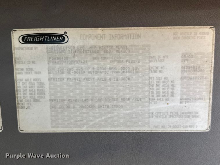 image for item ET4339 2003 Freightliner FC70 box truck