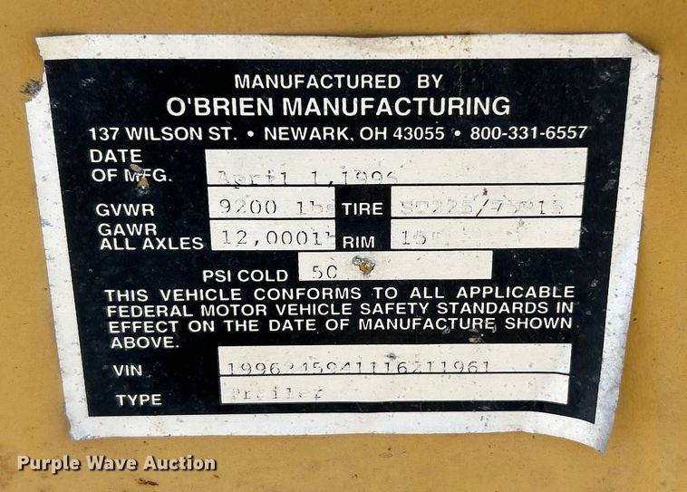 image for item ET6903 1996 O'Brien 700-J sewer jetter trailer