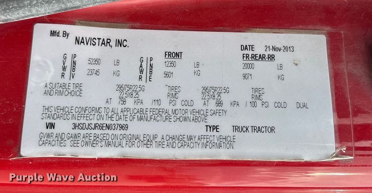 image for item ET7488 2014 International ProStar Plus 122  semi truck