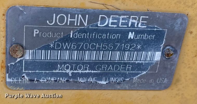image for item ET7489 1998 John Deere 670CH motor grader