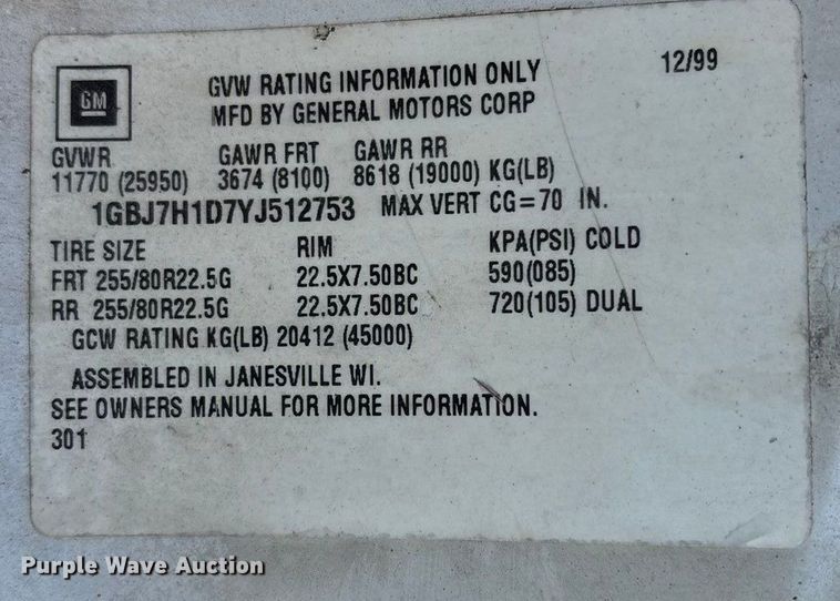 image for item EV2610 2000 Chevrolet C7 dump flatbed truck