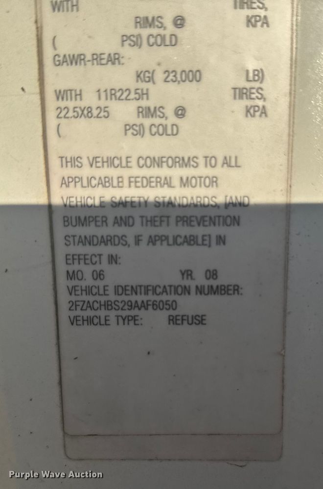 image for item FB0558 2009 Sterling Acterra refuse truck