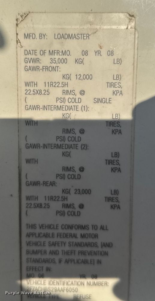 image for item FB0558 2009 Sterling Acterra refuse truck