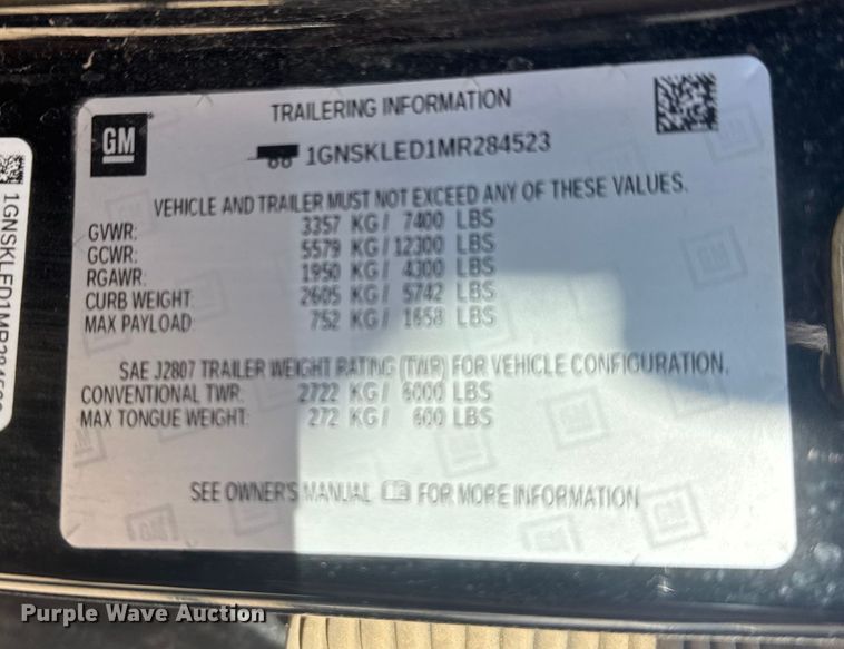 image for item FB0615 2021 Chevrolet Tahoe SUV