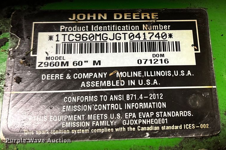 image for item FB3468 2016 John Deere Z960M ZTR lawn mower