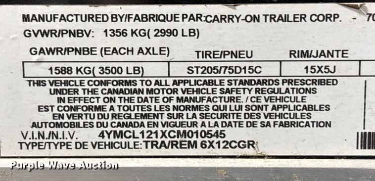 image for item FB3469 2012 Carry-On   6X12CGR enclosed cargo trailer