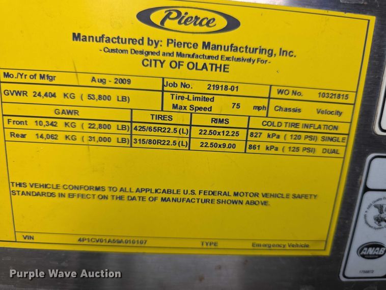 image for item FI0630 2009 Pierce Velocity ladder fire truck