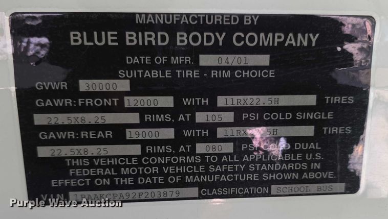 image for item FI0751 2002 Bluebird TC2000 school bus