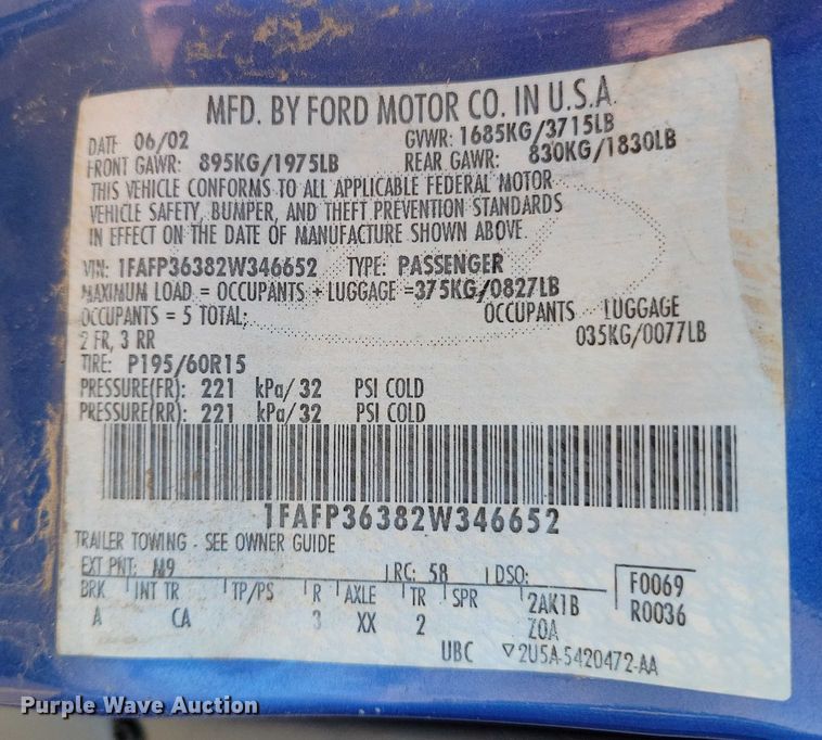 image for item NO9932 2002 Ford  Focus 