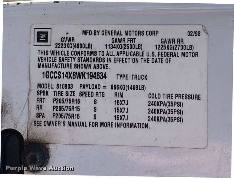 image for item OE9350 1998 Chevrolet S10 pickup truck