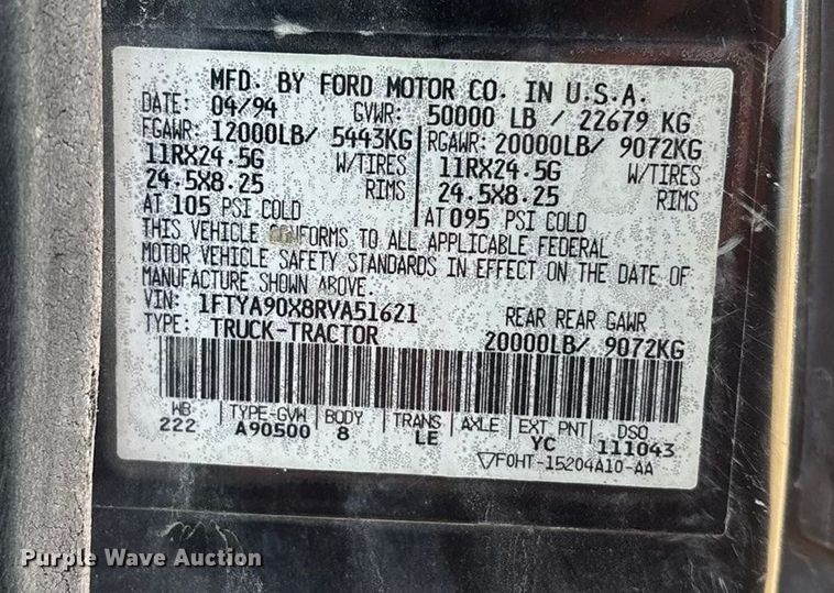 image for item DU6937 1994 Ford LTL9000 semi truck