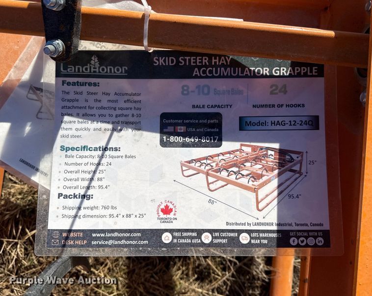 image for item EN0213 2025 LandHonor HAG-12-24G skid steer bale accumulator grapple