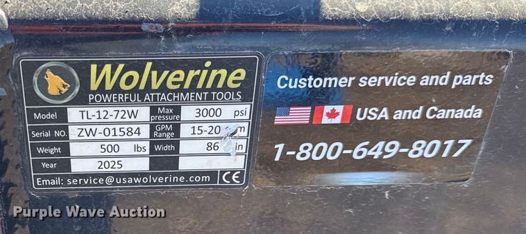 image for item EN0236 2025 Wolverine Tiller skid steer tiller