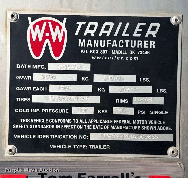 image for item ES5716 2013 W-W livestock trailer