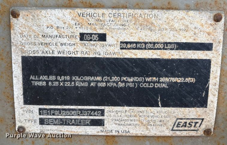 image for item DW7397 2006 East Manufacturing  end dump trailer