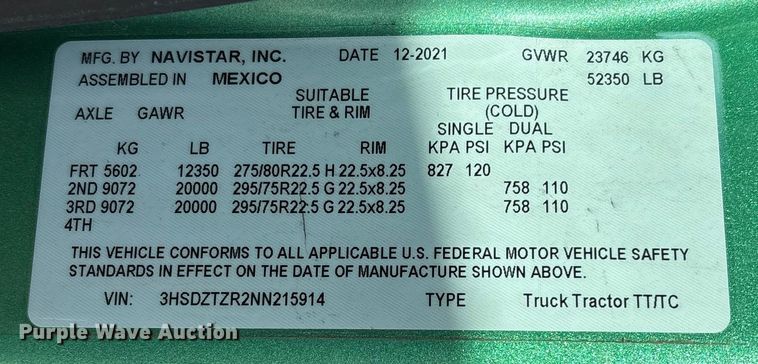 image for item DW7400 2022 International LT625 semi truck