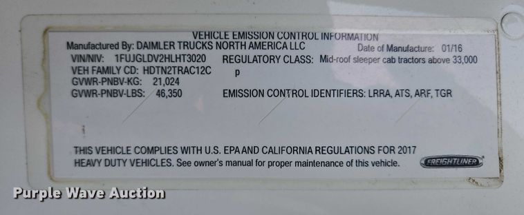 image for item EB1253 2017 Freightliner Cascadia semi truck