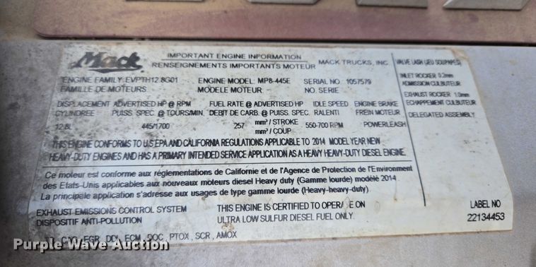 image for item EB1255 2015 Mack CXU613 semi truck