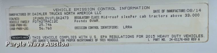 image for item EB1258 2015 Freightliner Cascadia semi truck