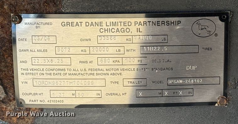 image for item EG1983 2007 Great Dane GPSAW-48102 flatbed trailer