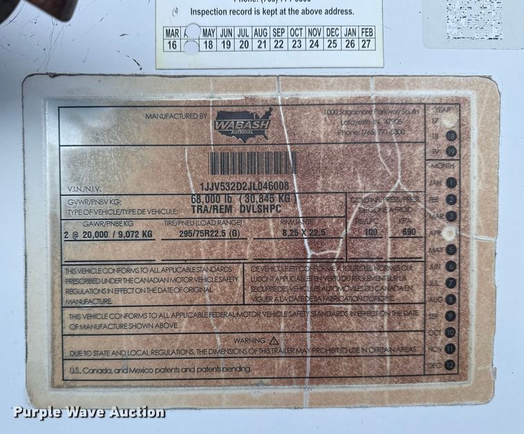 image for item EG1985 2018 Wabash National DVLSHPC dry van trailer