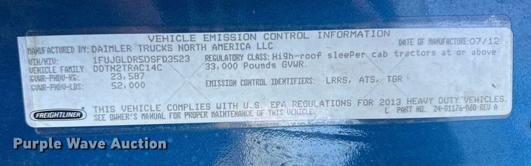 image for item EN0478 2013 Freightliner Cascadia 125 semi truck