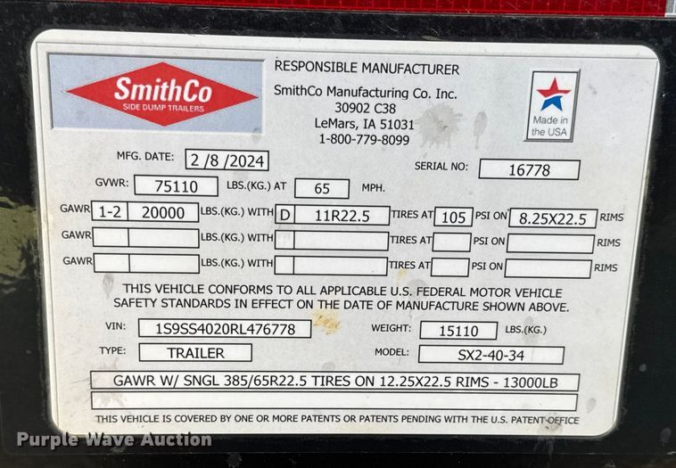 image for item EN0892 2024 SmithCo SX2-40-34 side dump trailer