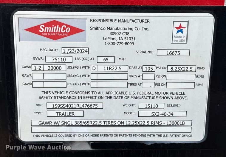 image for item EN0893 2024 SmithCo SX2-40-34 side dump trailer