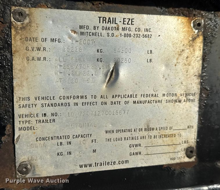 image for item ET4327 2007 Trail-Eze TE70HT48 drop deck hydraulic tail equipment trailer