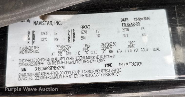 image for item ET4367 2015 International LoneStar semi truck