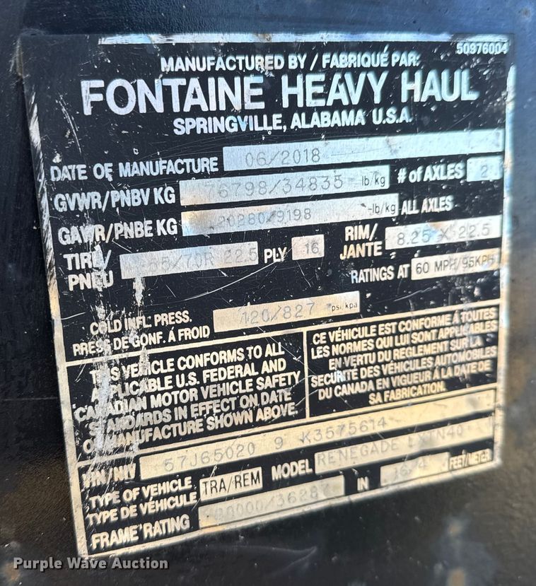 image for item ET4370 2019 Fontaine Renegade LXTN40 extendable lowboy equipment trailer