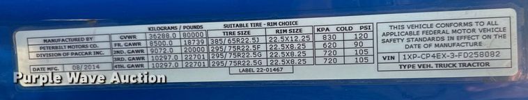 image for item ET4371 2015 Peterbilt 567 semi truck