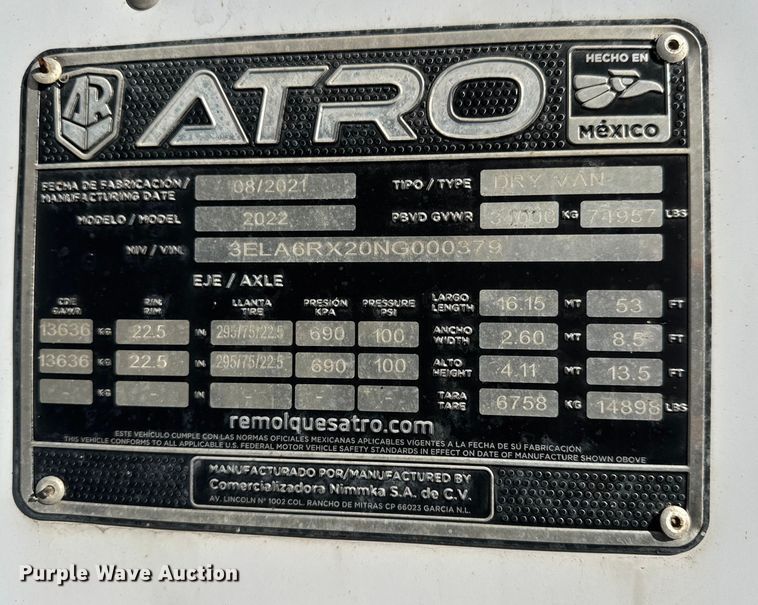 image for item ET4374 2022 Atro dry van trailer