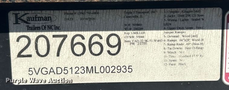 image for item ET6856 2021 Kaufman drop deck equipment trailer