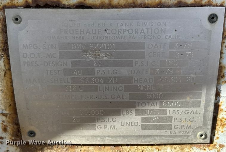 image for item FB0577 1979 Fruehauf TKPF2R6000 tank trailer